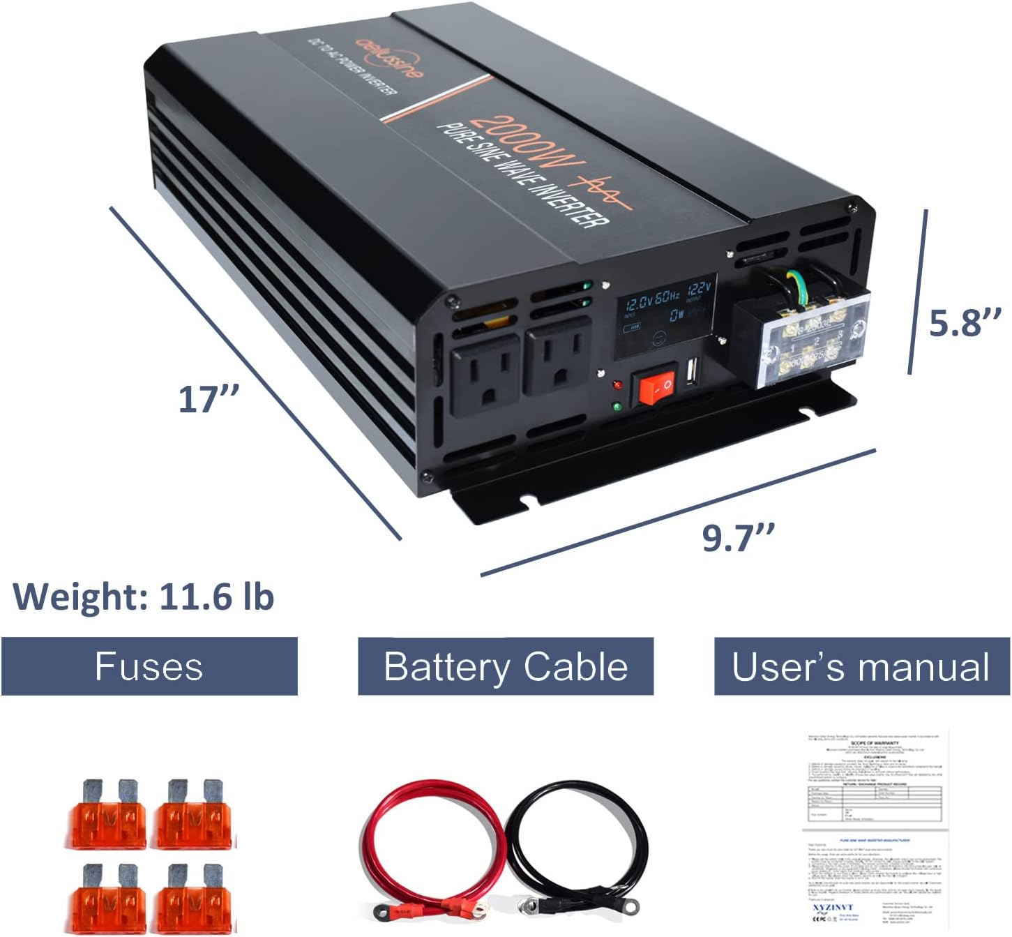 aeliussine Power Inverter 2000W Pure Sine Wave Inverter 12v DC to AC 120v Peak 4000 Watt Converter with LCD Display USB Charge Port for Car RV Boat