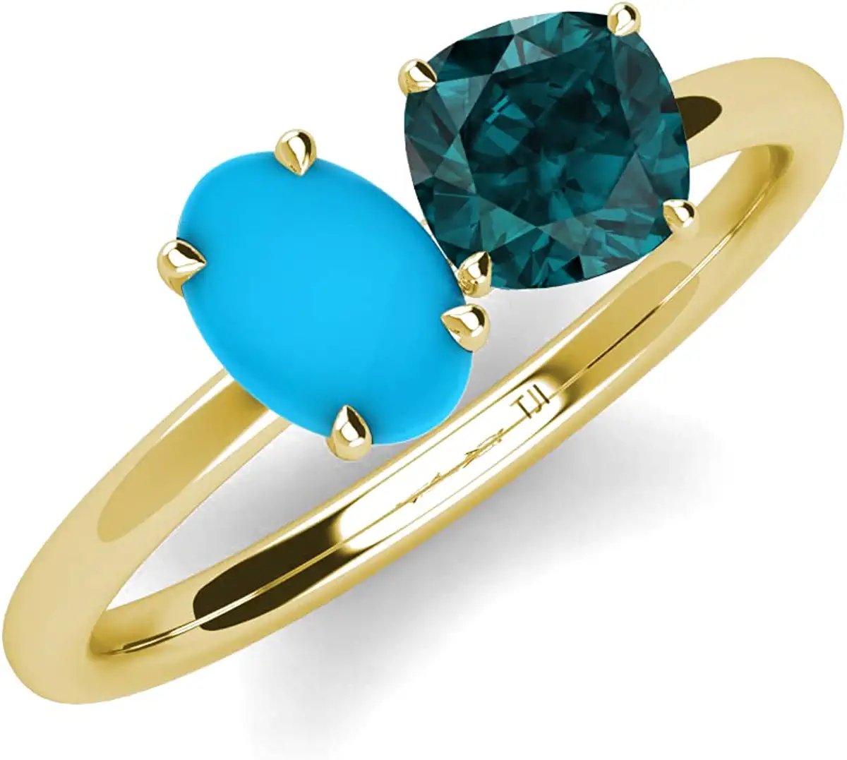 Oval Turquoise & Cushion London Blue Topaz 2 1/3 ctw Four Prong Women 2 Stone Duo Engagement Ring 10K Yellow Gold-6.5