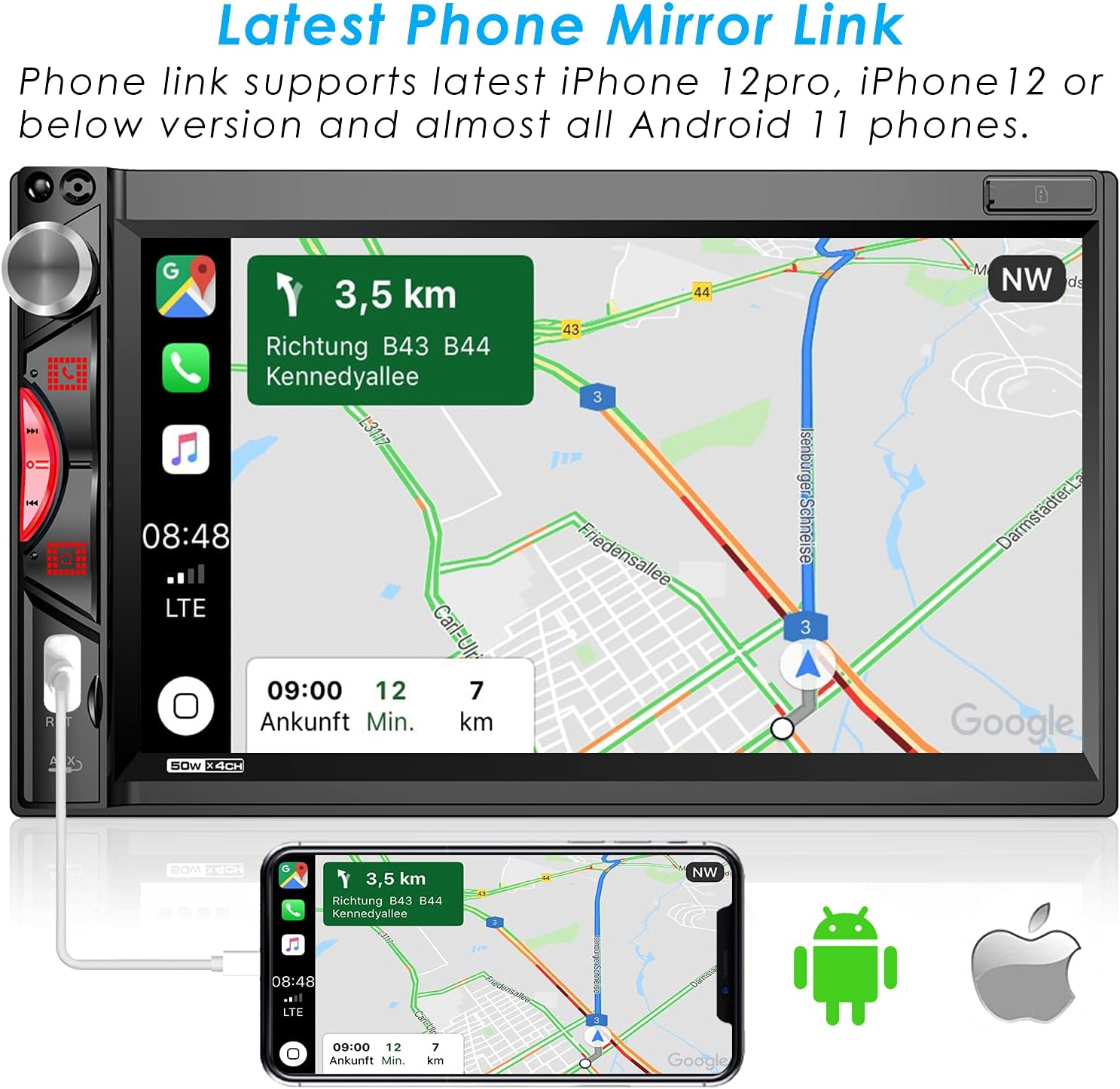 Double Din Car Stereo Receiver: 7" Touchscreen Car Audio with Carplay | Android Auto | MirrorLink | Bluetooth | AM/FM Car Radio | HD Rearview Camera