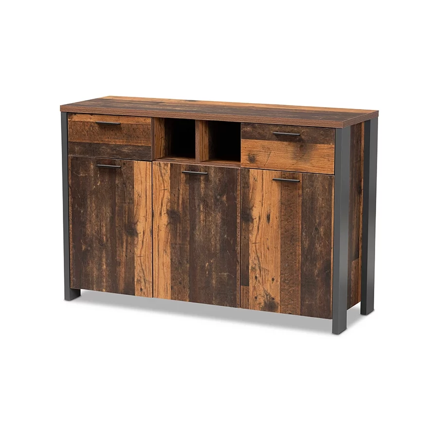 Baxton Studio Ranger Mid-Century Modern Rustic Brown Finished Wood and Grey Metal 2-Door Sideboard Buffet