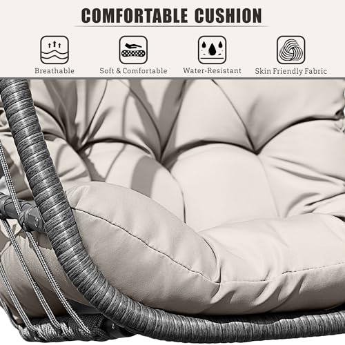 HWB Hanging Egg Chair with Stand, Patio Wicker Hammock Egg Swing Chair with Cushion for Bedroom Garden Indoor Outdoor (Beige)