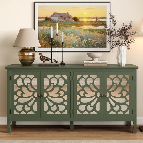 RoyalCraft Buffet Cabinet with Mirror Butterfly Carved Door, 63'' Sideboard Cabinet with Adjustable Shelves