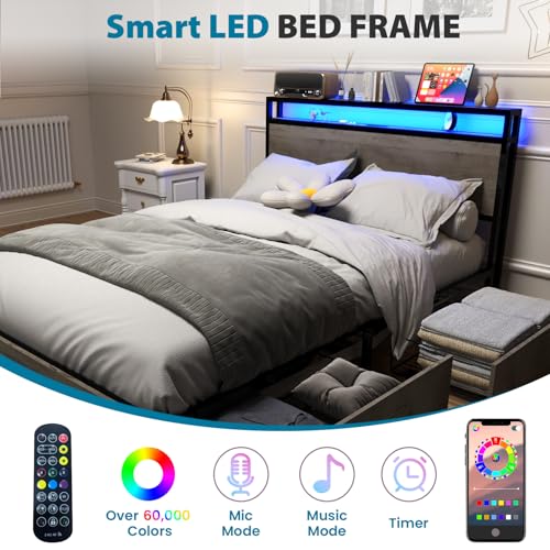 Full Size Bed Frame with Headboard, LED Platform Bed with 4 Storage Drawers, Built in Charging Station, Noise-Free, Metal Support Base