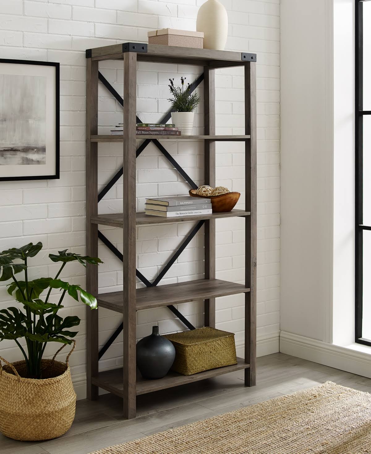 Walker Edison Farmhouse Metal x Bookcase - Honey Brow