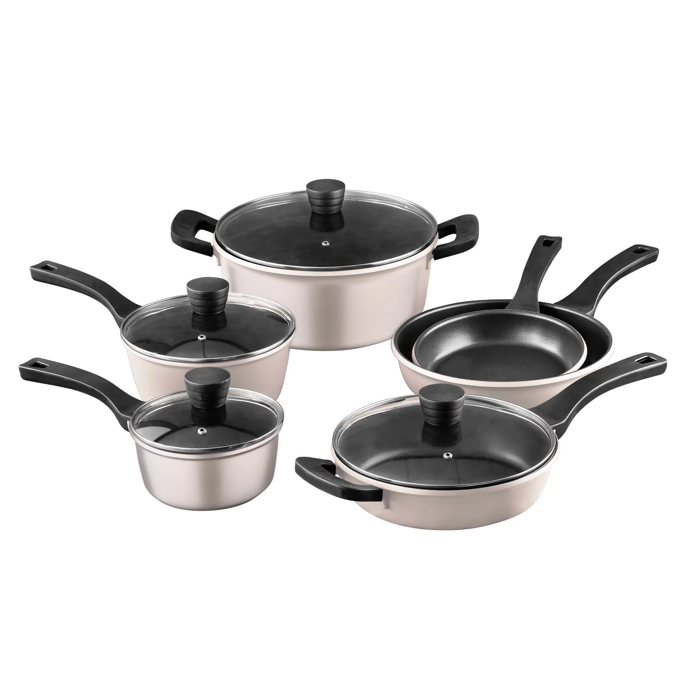 Retro by Bergner - 10 Pc Non Stick Cast Aluminum Pots and Pans Cookware Set, 10 Pieces, Champagne