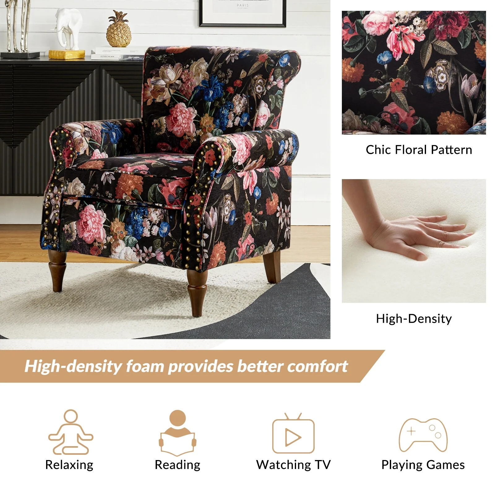 HULALA HOME Avelina Nailhead Trim Comfy Accent Armchair with Rolled Arms BLACK Floral