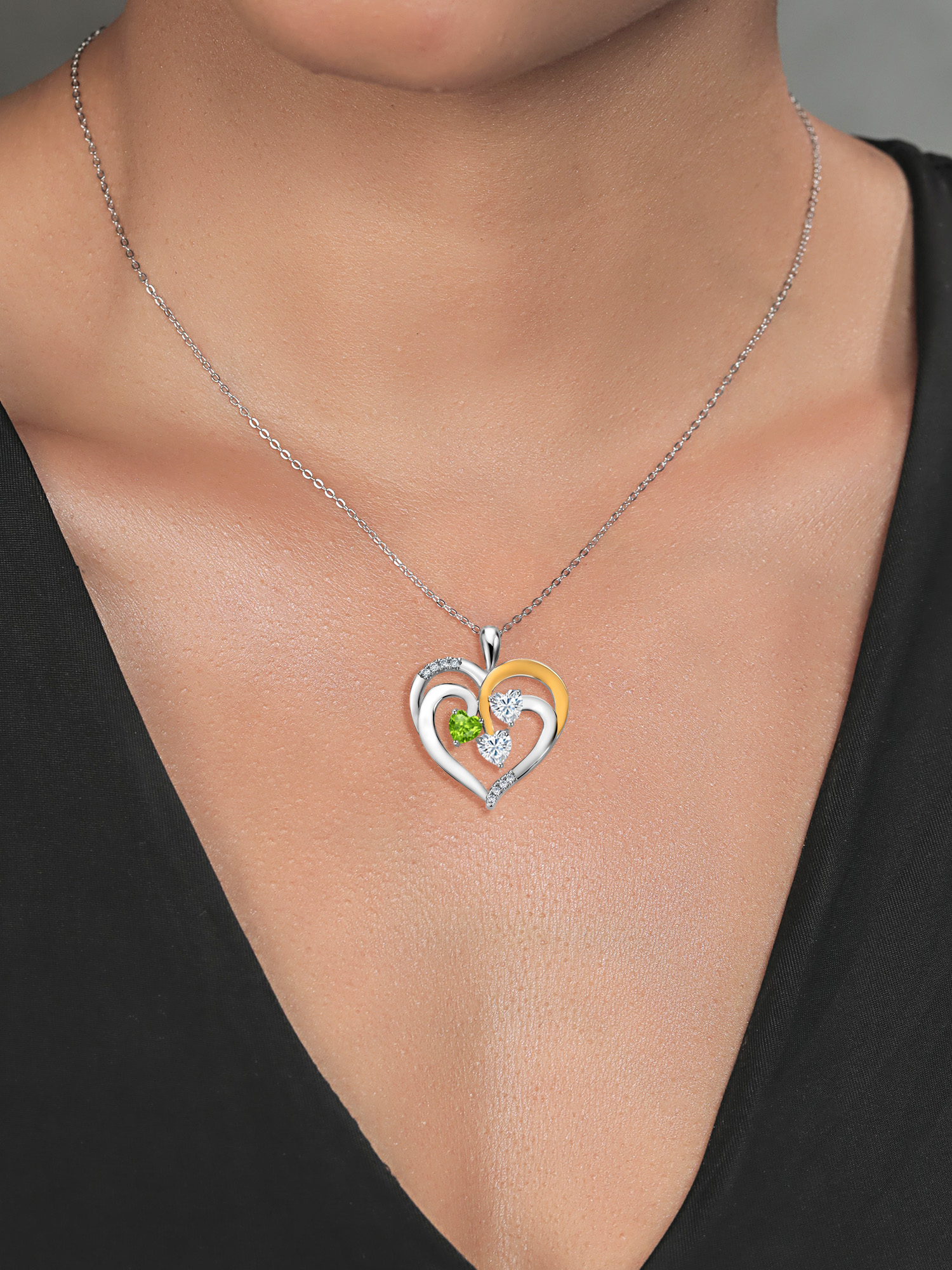 Gem Stone King 925 Two-Tone Sterling Silver and White Green Peridot and White Moissanite Pendant Necklace For Women (1.34 Cttw, Heart Shape 5MM