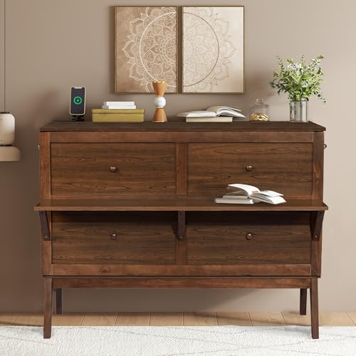 KEIKI Queen Size Cabinet Murphy Bed with Charging Station and Drawer, Multiple Storage Foldable Hideaway Wall Murphy Bed Frame with Solid Slat