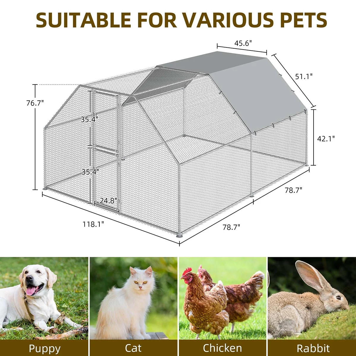 Dextrus Chicken Run Coop 13.1 x 9.8 x 6.4 ft Large Metal Chicken Coop Spire Shaped, Walk-in Hen Cage