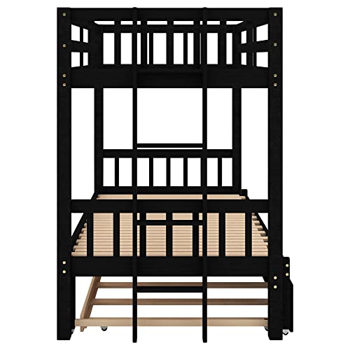 Twin over Double Twin Bunk Bed with Trundle, Convertible Down Bed, Pull-Out Multi-Functional Bunk Bed for 4 People