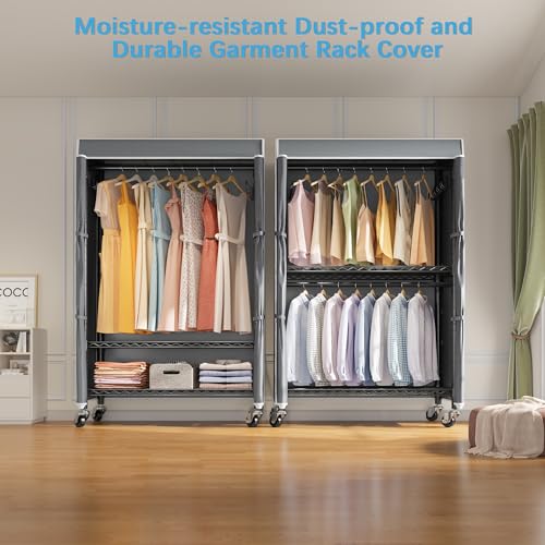 VIPEK R2C Medium Rolling Garment Rack with Cover Heavy Duty Clothes Rack Adjustable Clothing Rack for Hanging Clothes Portable Closets with Double