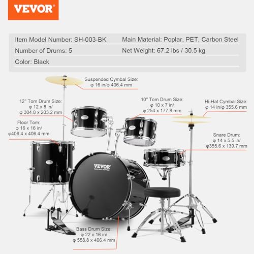 VEVOR Adult 5-Piece Drum Set, 22 Inches Complete Full Size Kit with Bass, Toms, Snare, Floor, Adjustable Throne, Stands, Cymbal