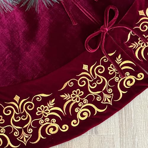 72-Inch Victorian Velvet Christmas Tree Skirt with Gold Damask Embroidery and Plush Lace Ties, Burgundy