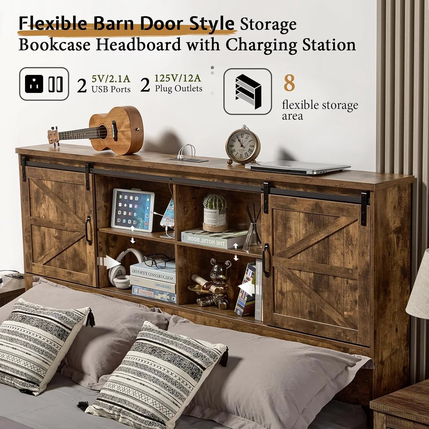HOWE King Size Wooden Platform Storage Bed Frame with 51.2" Wood Bookcase Headboard(Rustic Brown)