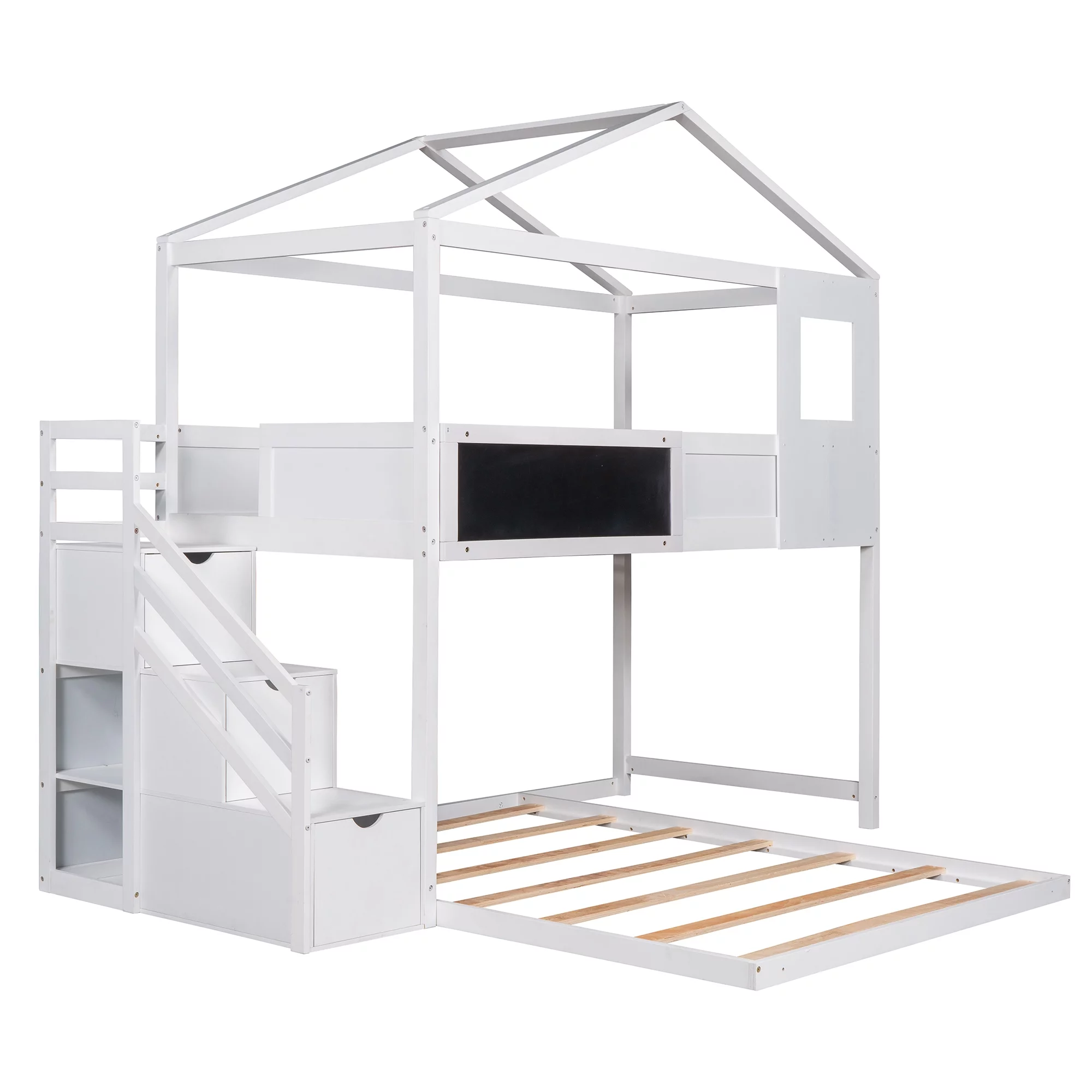 SYNGAR House Bunk Beds for Kids, Solid Wood Twin over Full Bunk Bed with Storage Staircase and Blackboard