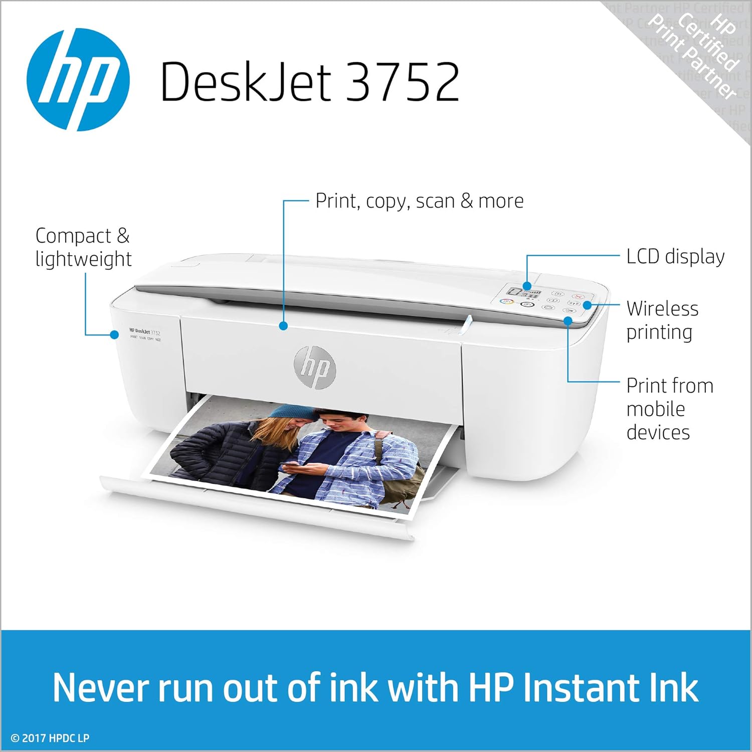HP DeskJet 3752 Wireless All-in-One Compact Color Inkjet Printer, Scan and Copy with Mobile Printing, T8W51A (Renewed)