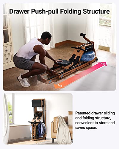 MERACH Foldable Wooden Rowing Machine, Water Electromagnetic Rower Machine for Home Use, Exclusive App Lifetime Membership, Patented Space Saver