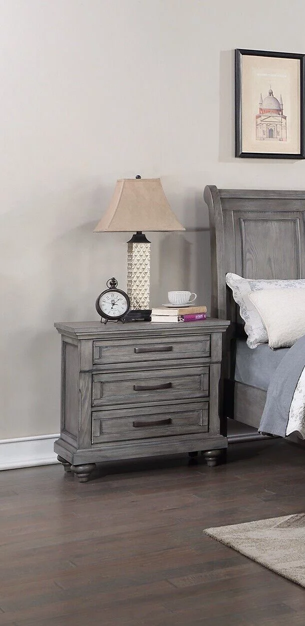 Grey Finish Wooden Queen Size Bed 2x Nightstands 3pc Set Bedroom Furniture Sleigh 3-Panel Design Headboard Storage Footboard