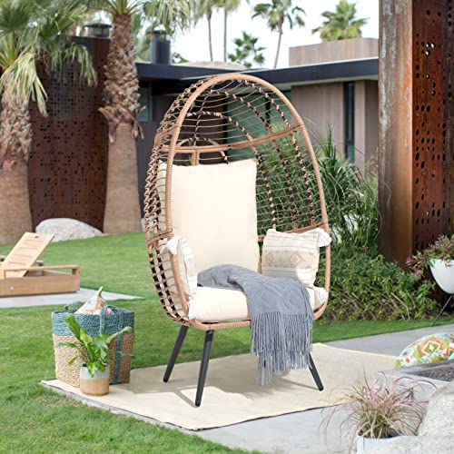 JOIVI Wicker Egg Chair, Oversized Indoor Outdoor Lounger Large Egg Basket Chair with Stand and Cushions for Patio Porch, Backyard, Living Room