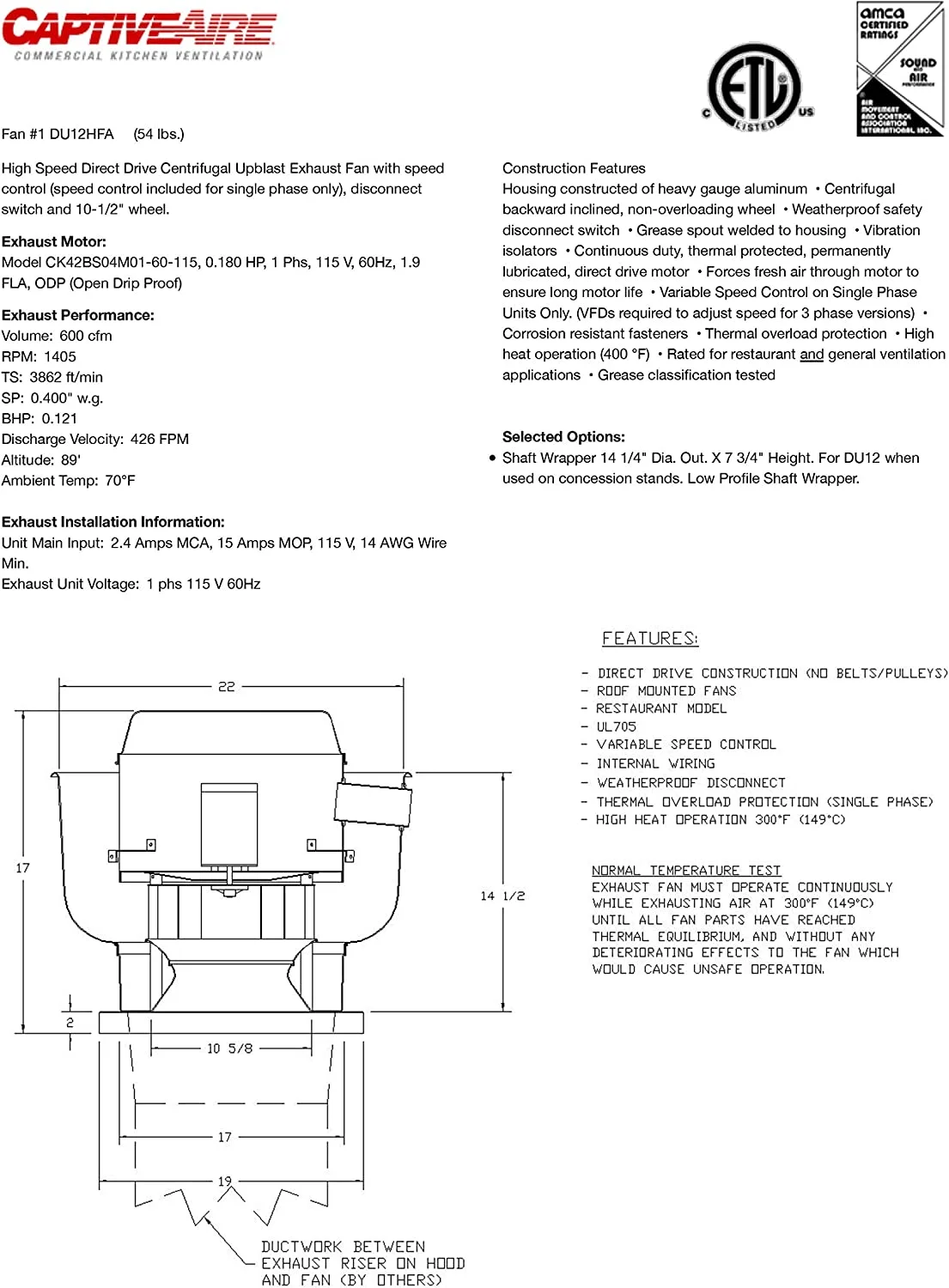CAPTIVE-AIRE Food Truck Low Profile Exhaust Hood System Includes a stainless steel exhaust hood, an exhaust fan, an adjustable duct section