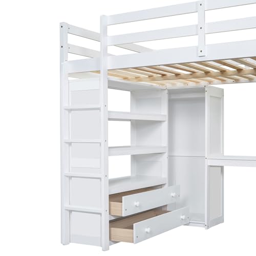 Harper & Bright Designs Full Size Loft Bed with Desk, Storage Shelves and Drawers, Solid Wood Loft Bed Frame with Built-in Wardrobe, Walnut