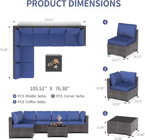 6 Piece Outdoor Patio Furniture Set with Coffee Table, Rattan Deck Conversation Sofa Set