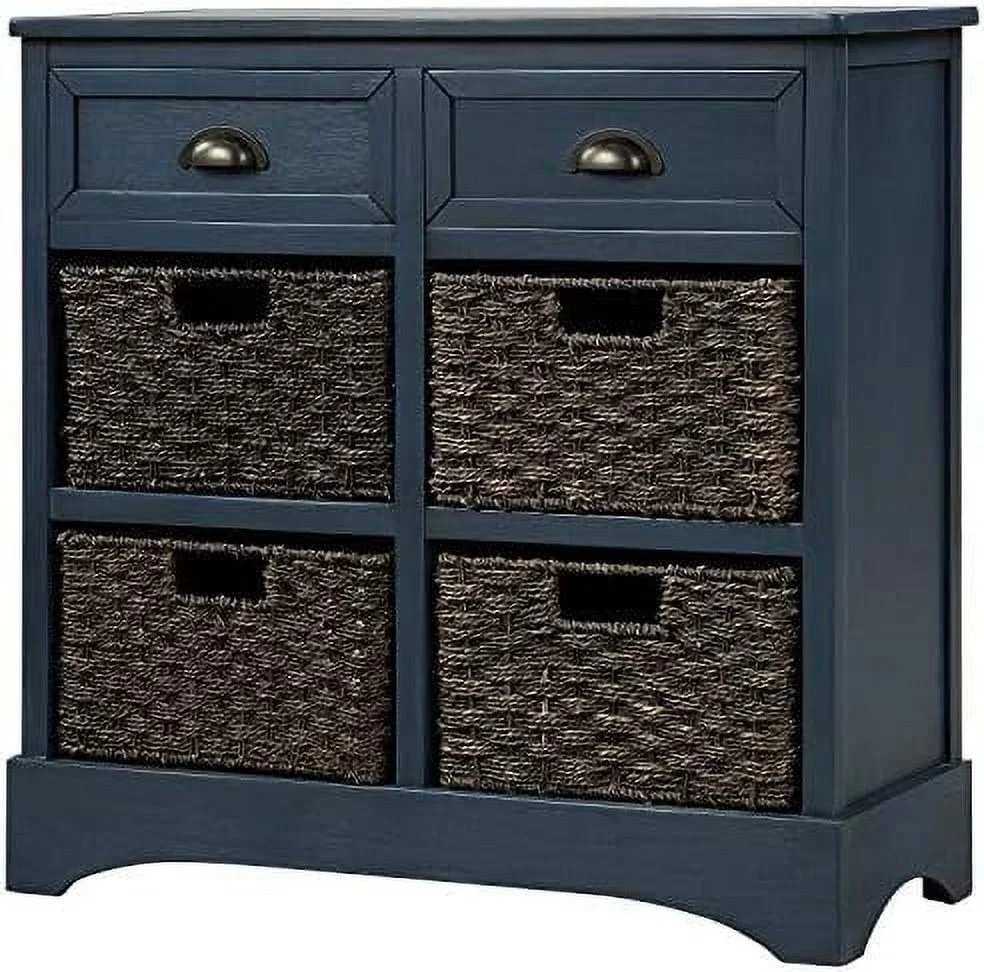HOOMHIBIU Farmhouse Wicker  Cabinet with 2 Drawers and 4 Baskets  Living Room Bedroom Wooden Chest of Drawers  Fully Assembled  28" W x 11.8"