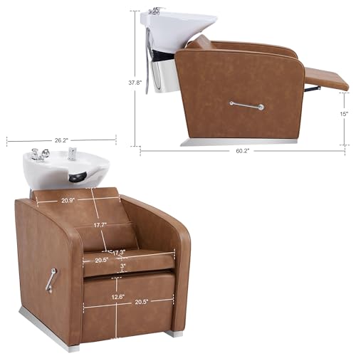 BarberPub Backwash Shampoo Station Chair, Adjustable Porcelain Ceramic Hair Wash Bowl Sink Unit Station