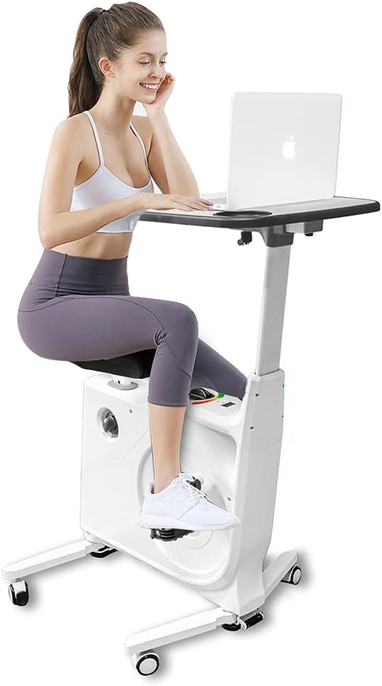 8-Level Magnetic Resistance Exercise Bike Desk, Office Desk Workstation W/ Adjustable Desk & Leather Seat