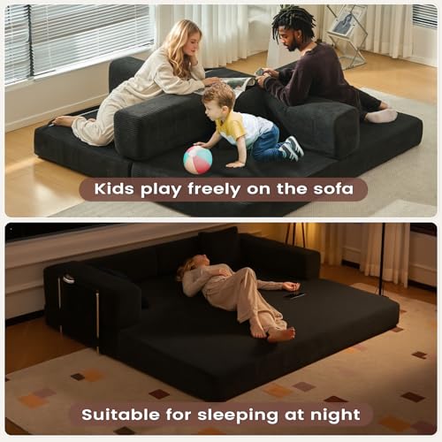 Convertible Sleeper Sofa Bed No Assembly Corduroy Upholstered Green Modular Floor Couch Queen/King Size Foldable Futon with Memory Foam for Apartment