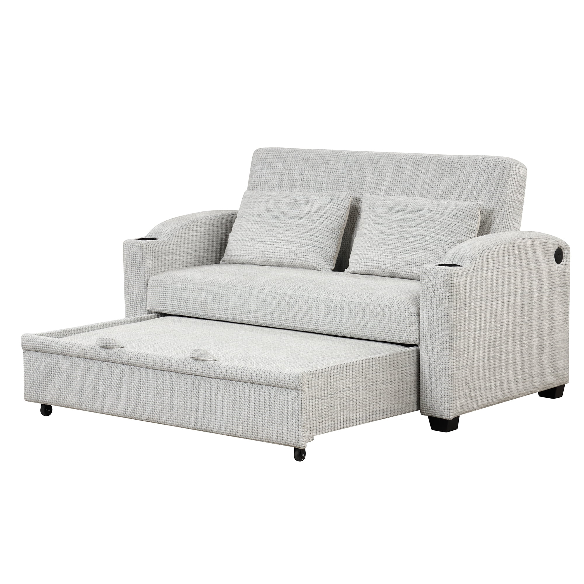 65" Pull Out Sofa Bed Modern Chenille Convertible Loveseat Sofa with Adjsutable Backrest, 2 Pillows, Cup Holders, USB Ports for Living Room