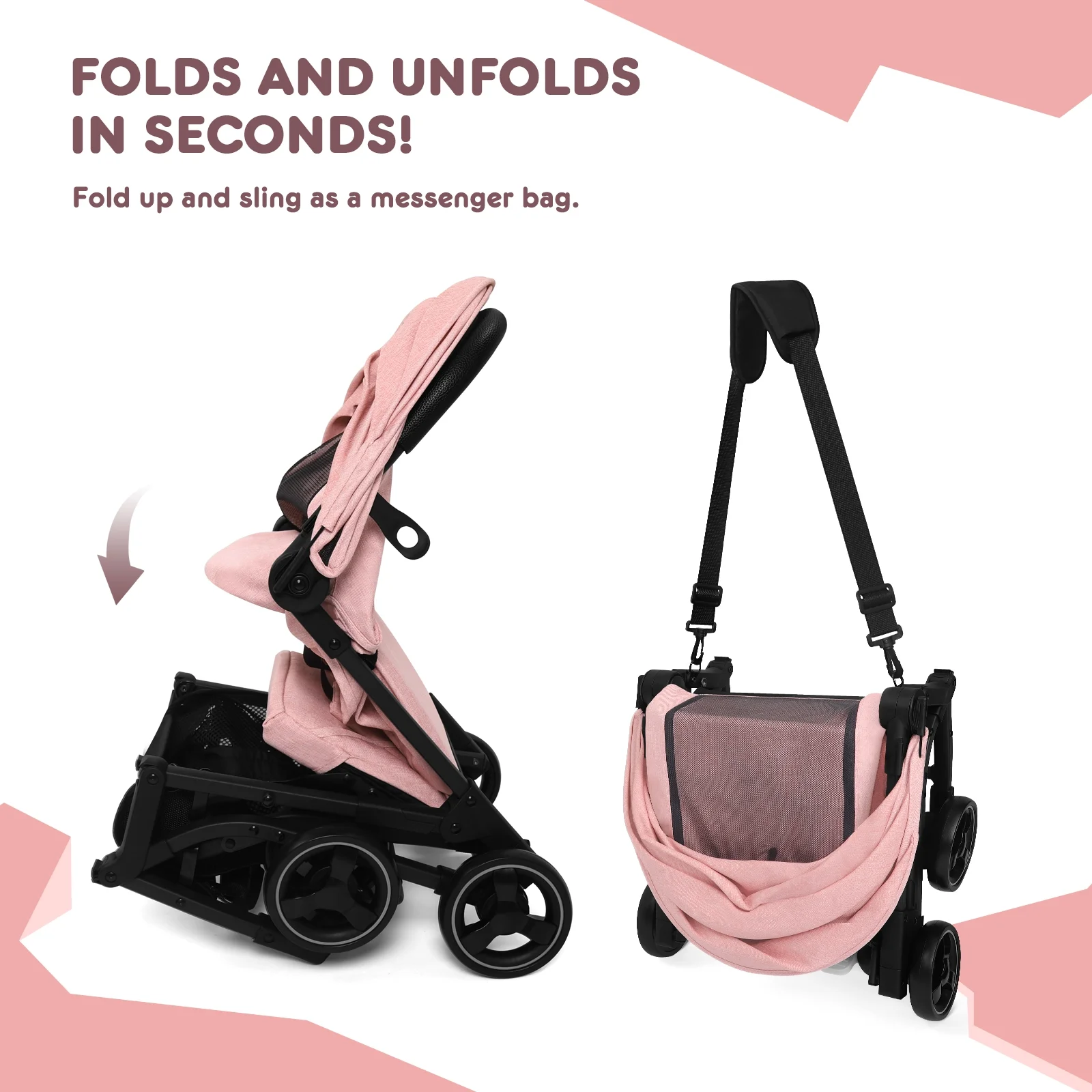 HARPPA Lightweight Travel Stroller, Compact Umbrella Stroller for Babies, Easy Folding, Pink