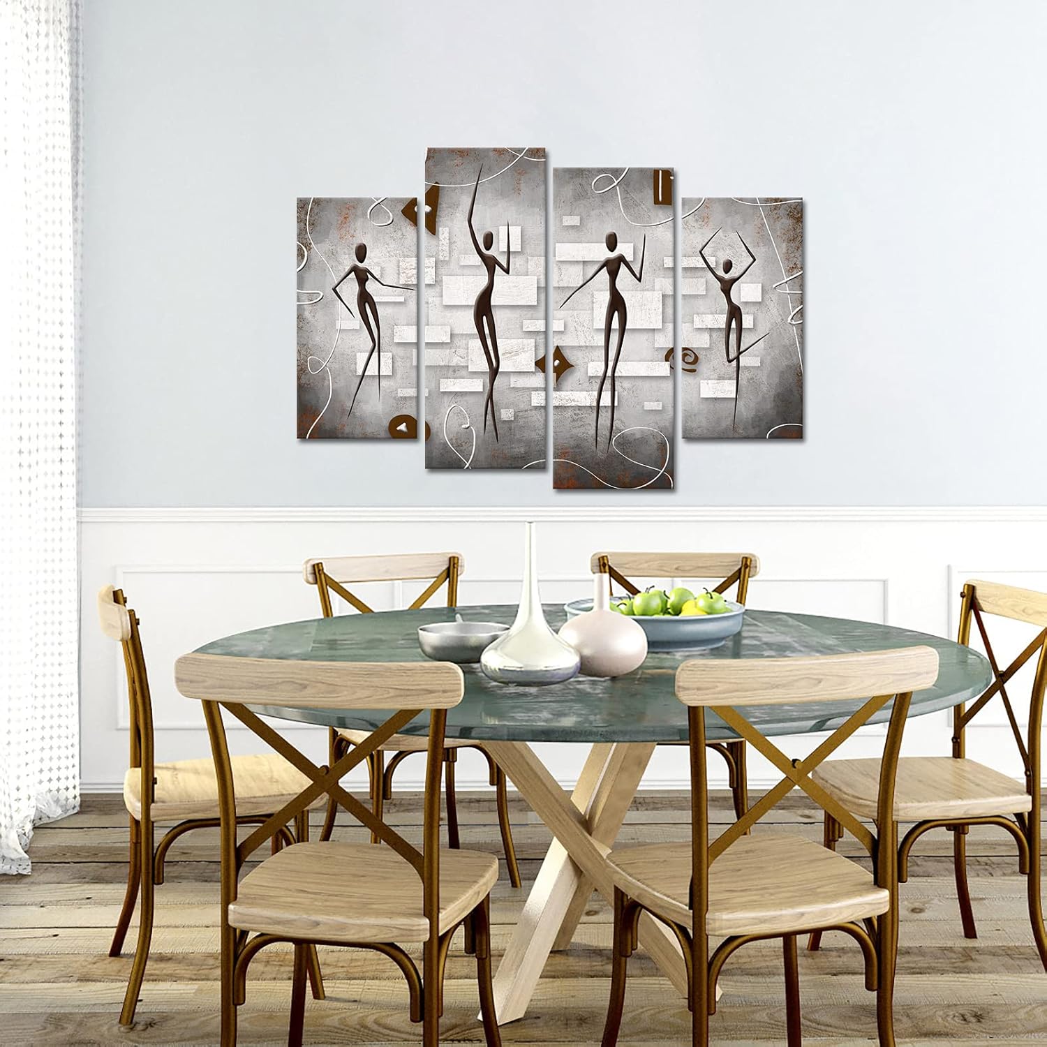 RyounoArt 4 Piece African American Canvas Wall Art Dancing Black Women Painting Pictures Abstract Modern Prints Minimalist Artwork for Living Room