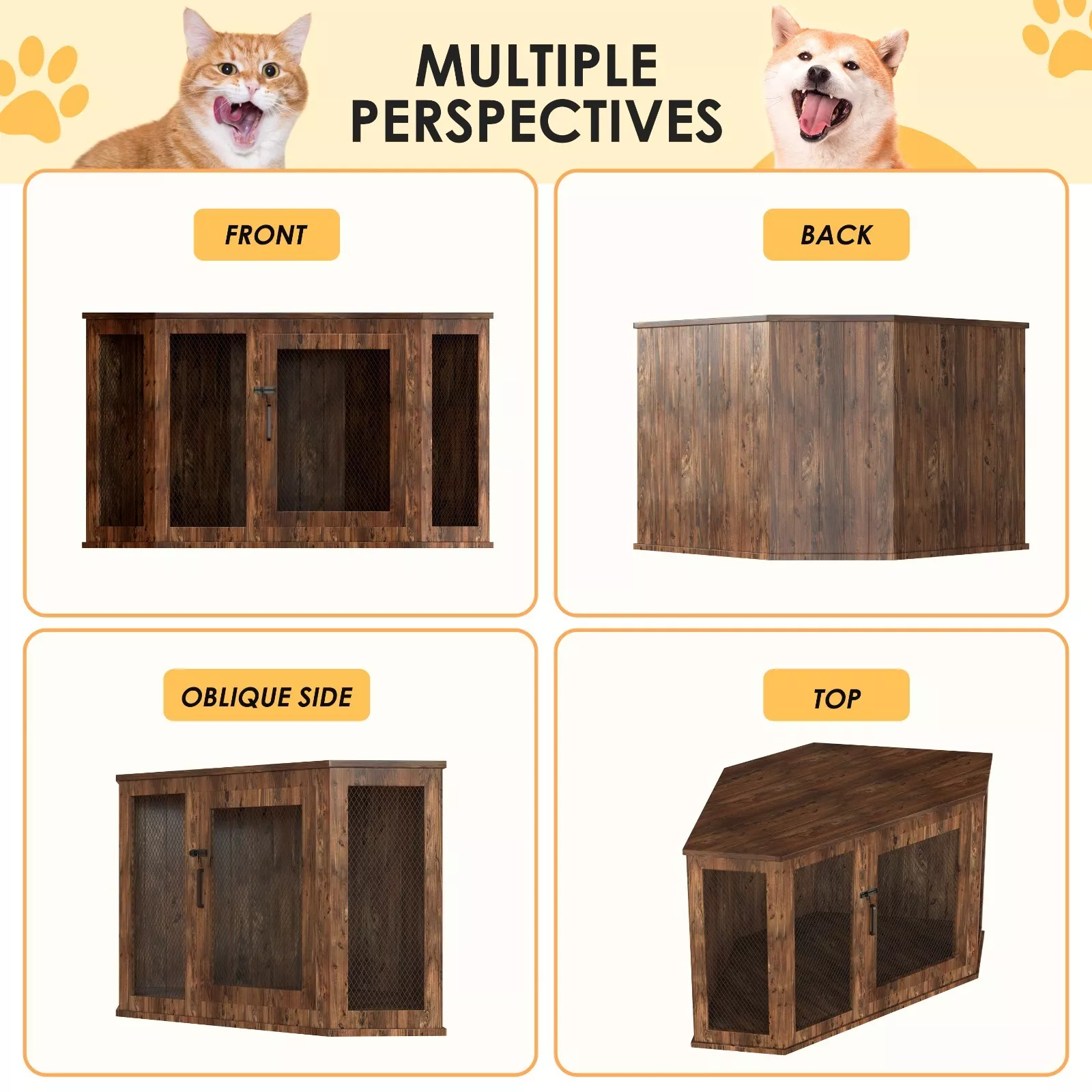 KPIBEST Corner Dog Crate Furniture, Dog Kennel Furniture with Metal Mesh, Wooden Dog Crate End Table, Small Medium Dogs, Brown