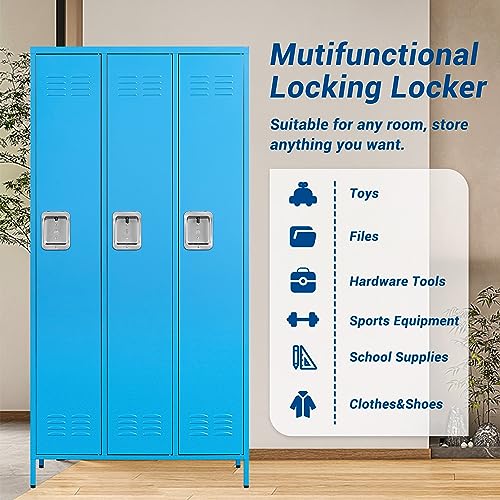 72" Metal Locker for Employees 3 Doors Blue Steel Storage Locker for Office, School, Gym - Metal Storage Cabinets for Home, Office, Gym, School