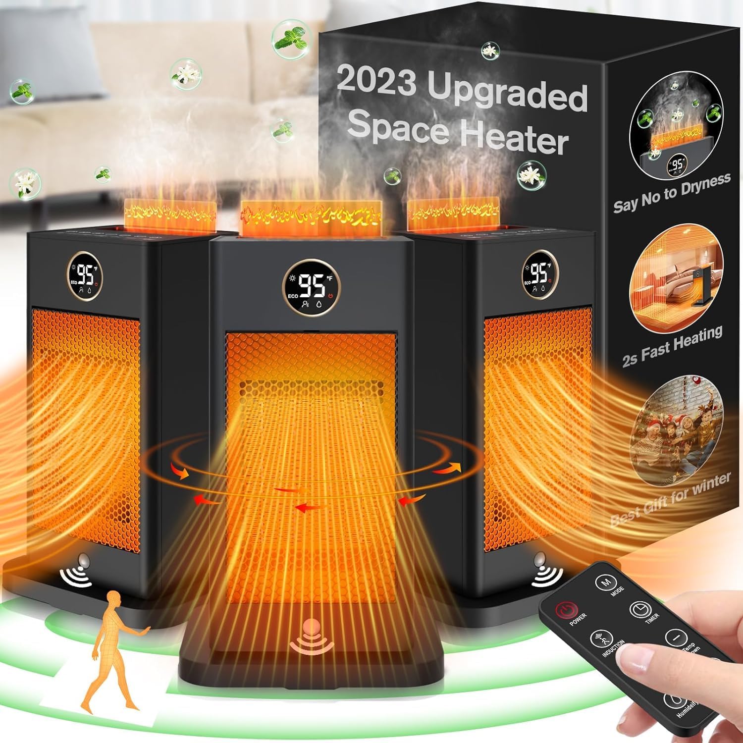 Space Heater,2023 Newest Upgraded Small Heaters for Indoor Use,PTC Portable Space Heater Office with Sensor,Humidifier,3D Flame Effect