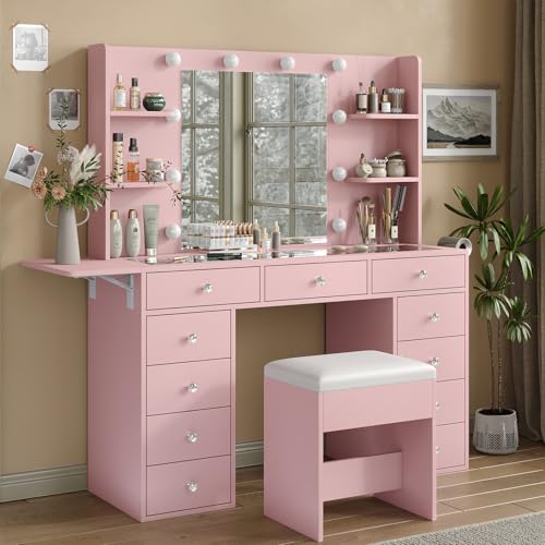 55" W Vanity Desk, Makeup Vanity with Charging Station, 15 Drawers with Lighted Mirror, 3 Lighting Modes, Brightness Adjustable, Glass Top