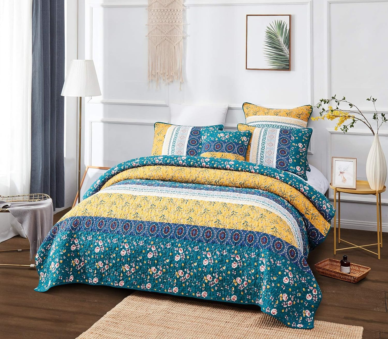 Bohemian Gardenia Floral Patchwork Bedspread Set - Cotton Bed Of Wild Flowers Botanical Quilted Coverlet - Bright Vibrant Yellow Blue Teal Green