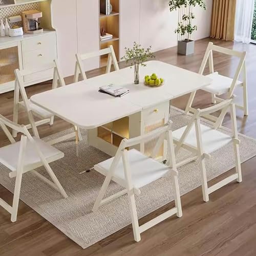 Folding Dining Table with Storage Rack, Drawers, Acrylic Table Legs and Slate Tabletop