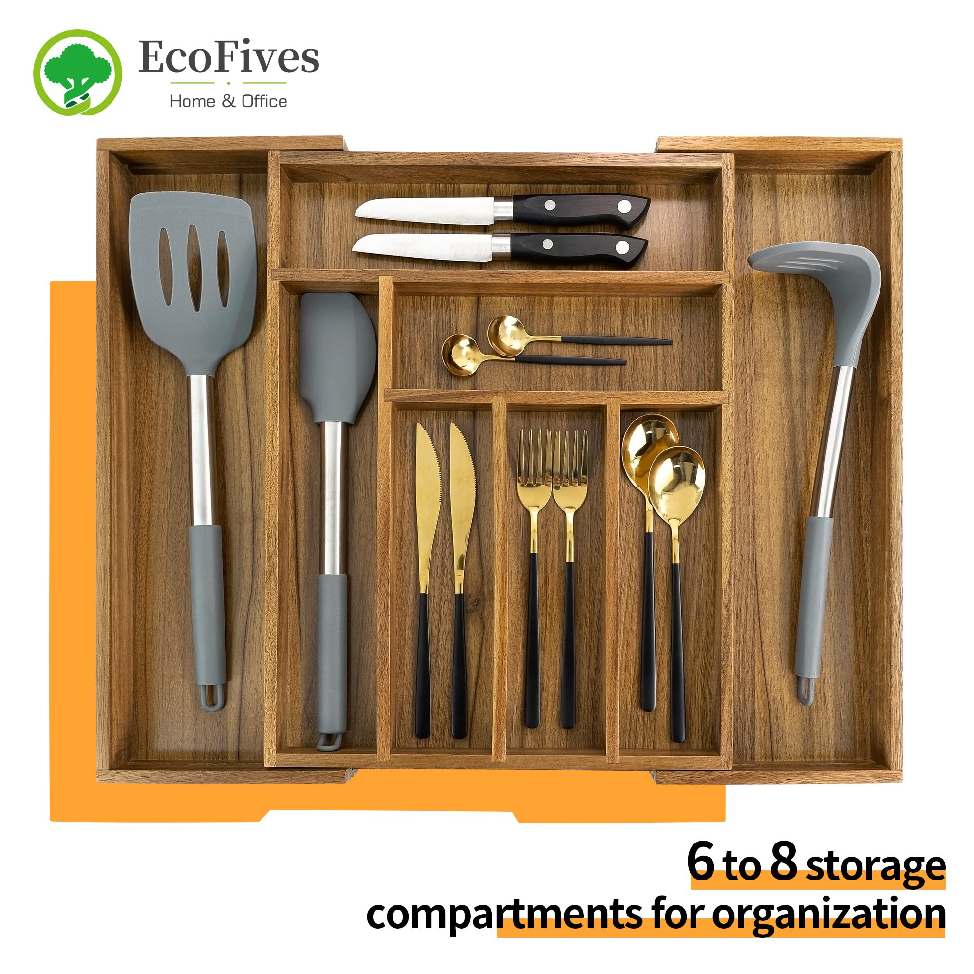 Acacia Cutlery Tray Organizer, Adjustable Kitchen Drawer Divider for Flatware, 8 Compartment Utensil Holder, Fits Standard Drawers