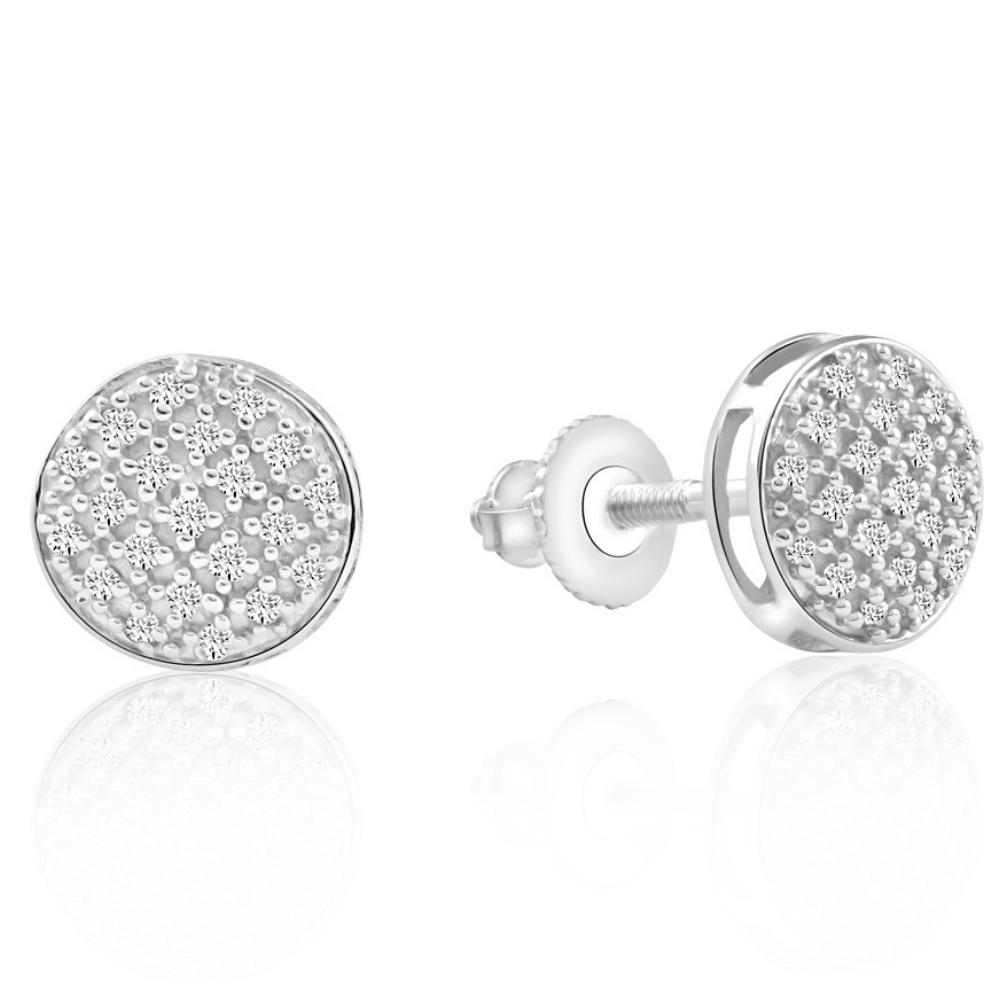 Pompeii3 Pave Diamond Round Studs Screw Back Earrings White or Yellow Gold 7mm Wide