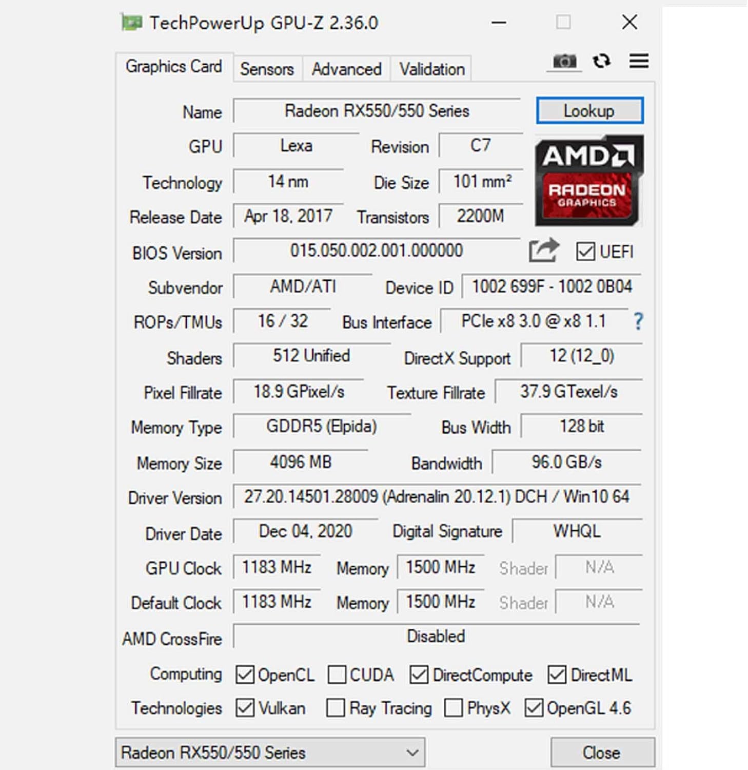 SAPLOS Radeon RX 550 Low Profile Graphics Card, 4GB, GDDR5, 128-bit, VGA/DVI-D/HDMI, Video Card for PC Gaming, 4k@60Hz Output, Computer GPU