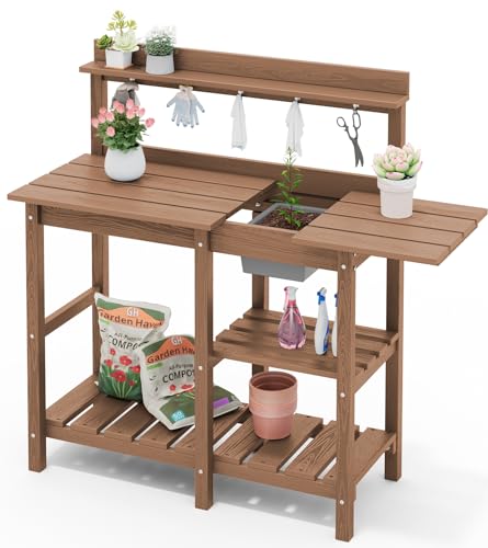 SERWALL Potting Bench Outdoor Potting Table with Sink, HDPE Potting Benches for Outside Gardening Table All Weather Use- Black