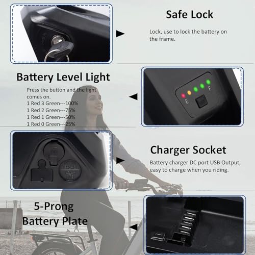 Ebike Battery 36V 48V 52V Lithium Battery 10AH 15AH 20AH Electric Bike Battery with Charger, Safe Lock, Led Indicator Light