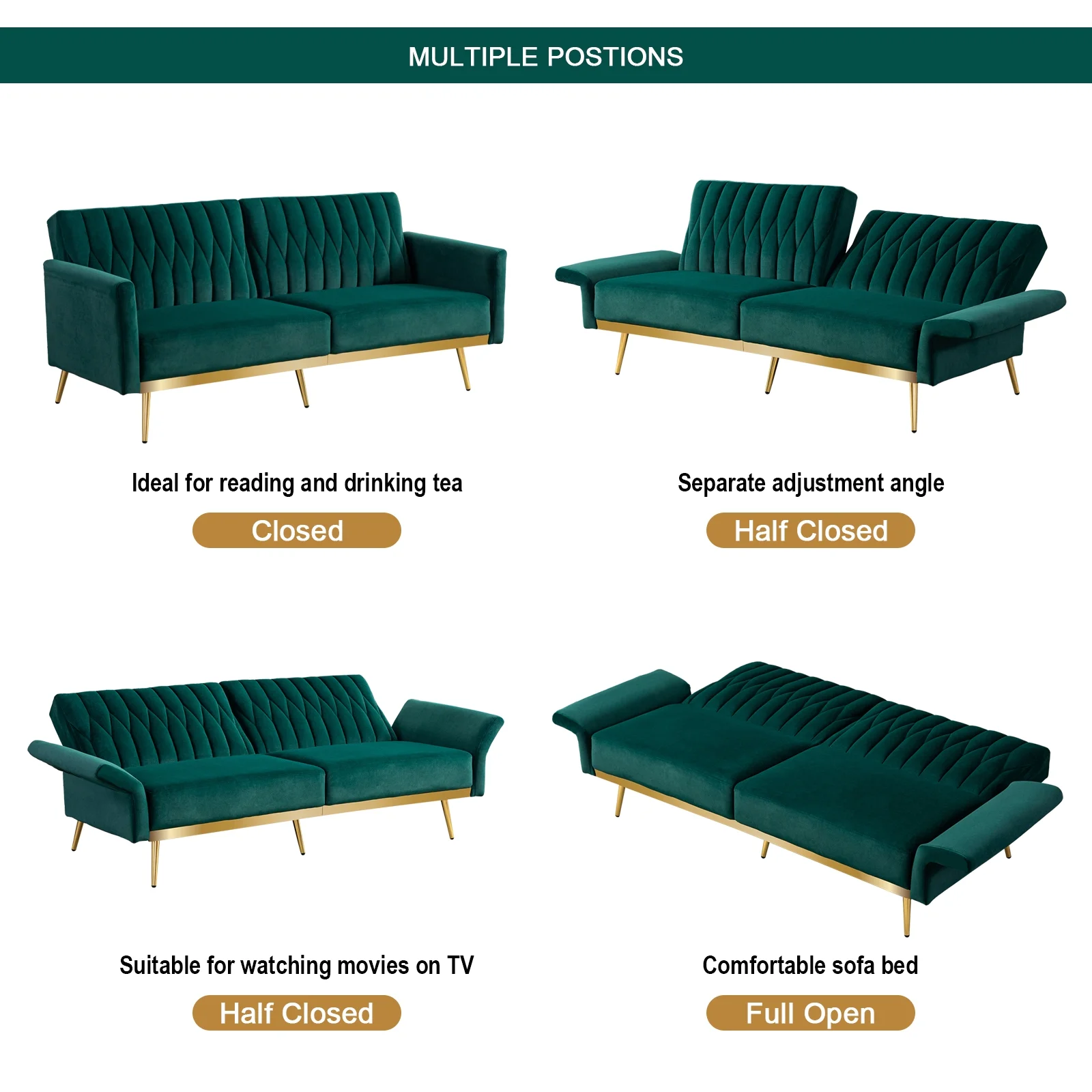 TTGIEET Velvet Convertible Futon Sofa Bed with Golden Metal Legs
