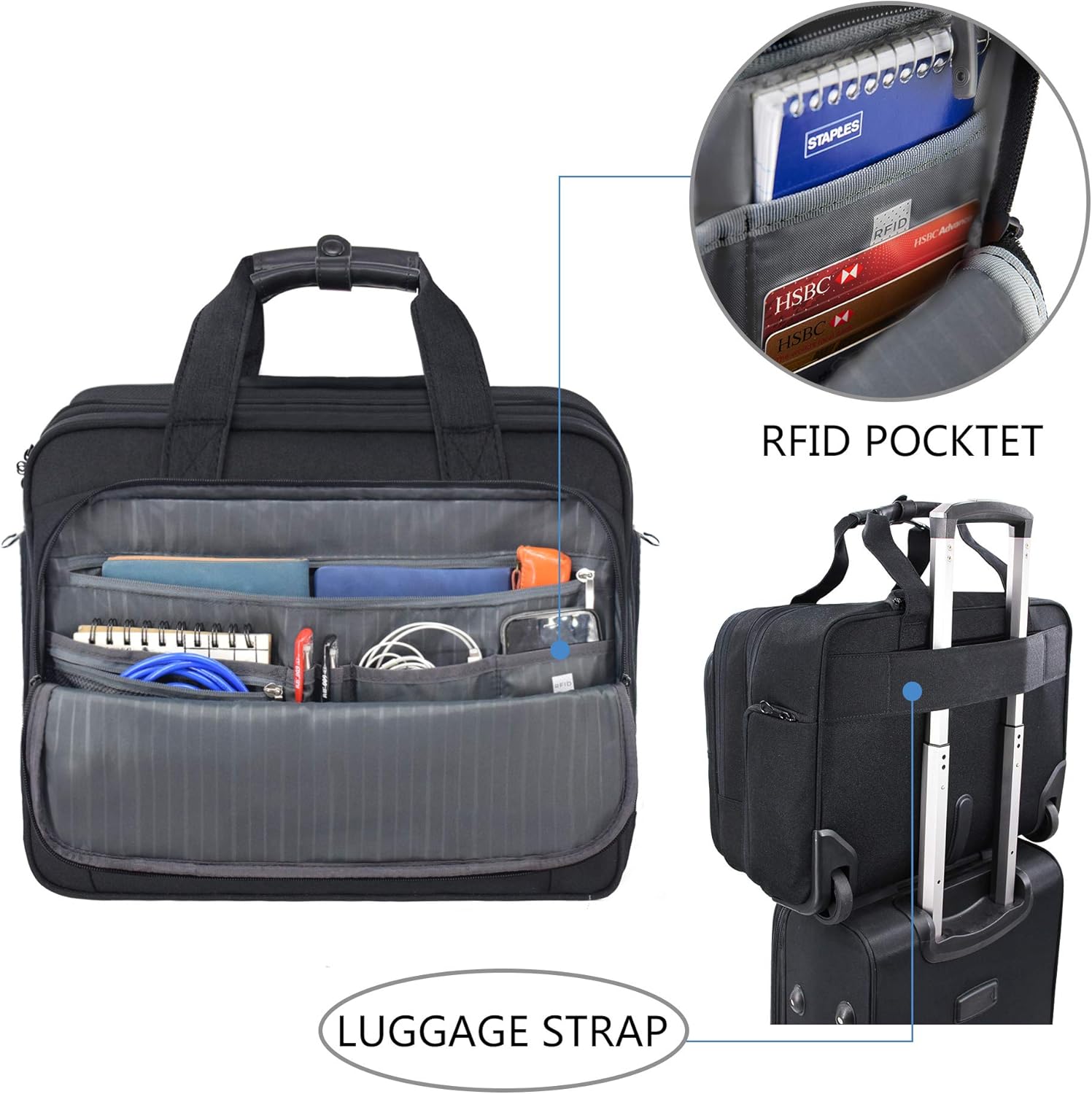 KROSER Rolling Laptop Bag Premium Wheeled Briefcase Fits Up to 17.3 Inch Laptop Water-Proof Overnight Roller Case Computer Bag with RFID Pockets for