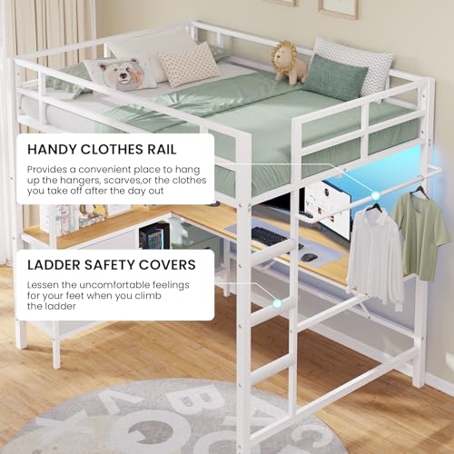 DICTAC Loft Bed Full Size with L-Shaped Desk and Charging Station Full Metal Bed Frame with LED Lights,Open Shelves and 3 Fabric Storage Drawers