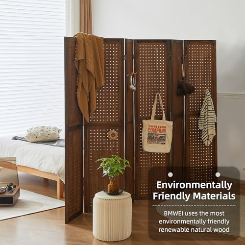 4 Panel Room Divider with Shelves, 5.6Ft Pegboard Display with 16 Hooks,Soild Wood Room Divider, Folding Privacy Screen