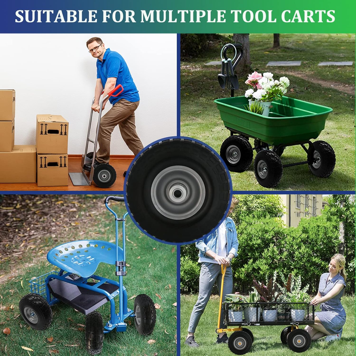 BAIVE BW 4 Pcs 10 Flat Free Tires Solid Non-inflated Tires Wheels, 4.10/3.50-4 Tire with 5/8 Ball Bearings, for Wheelbarrow, Garden Wagon Carts