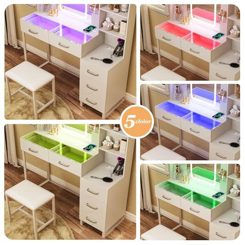 Vanity Desk with Mirror and LED Lights, 43" Makeup Vanity with Glass Top & Wireless Charging, Vanity with RGB Drawers, 3 Colors Light